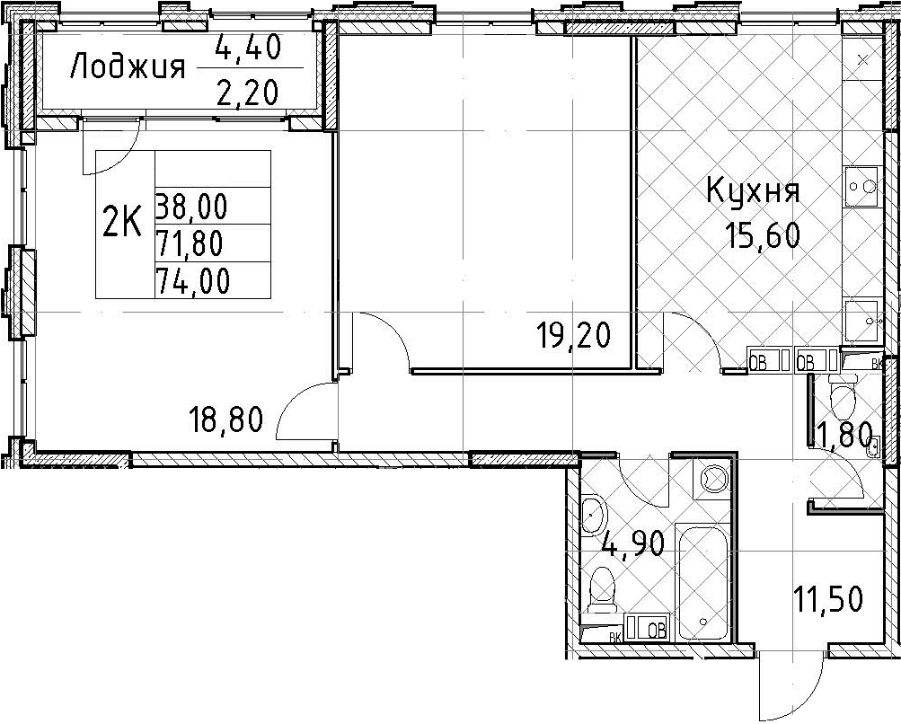 2-комнатная квартира 74 м², 2/13 эт., ЖК «Тайм Сквер»